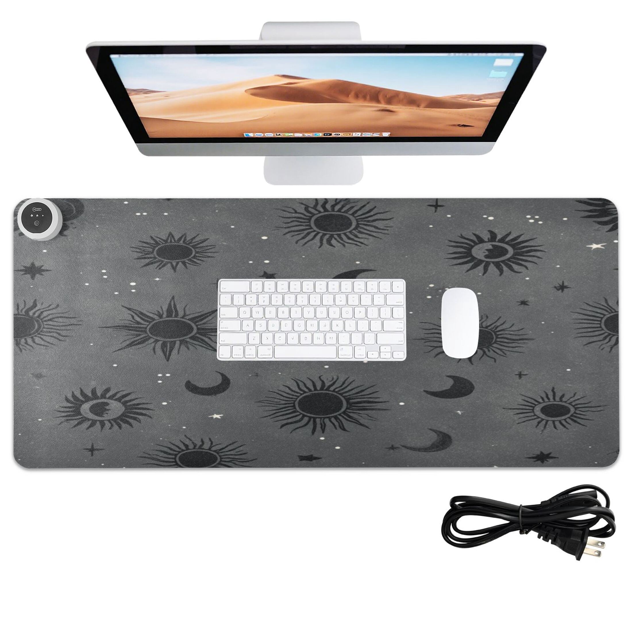 Large Heated Desk Mat Mouse Pad 31.5"x13"PU Leather Graphene Heating Desk Warmer with 3 Temperature Settings 110V US Plug Non-Slip Warm Pad for Home, Office, and Gaming Grey Astrology Celestial Art