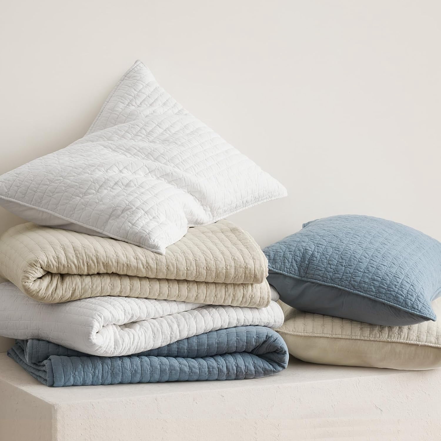 EVERGRACE Cross Stitch Pre-Washed Cotton Quilt Bedding Set King Size, Oversized 3 Pieces Lightweight Bedspread Coverlet for All Season, with 2 Matching Shams, Flax Beige,118"x106"
