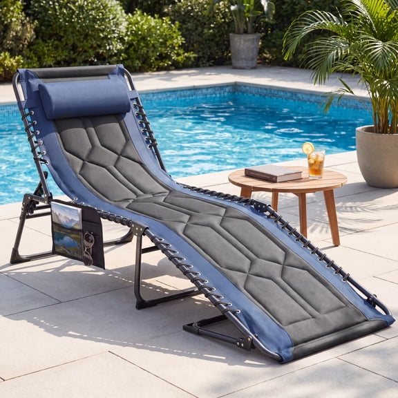 Vineego Outdoor Folding Chaise Lounge Chair, Portable Reclining Adjustable Metal Tanning Chair with Side Storage Bag for Beach Patio Pool, Blue