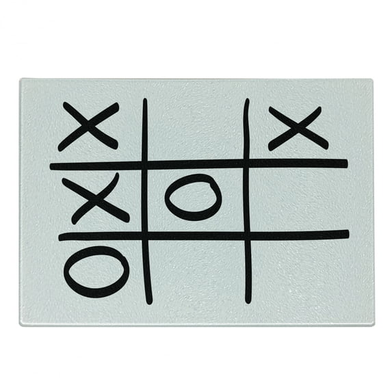 Xo Cutting Board, Tic Tac Toe Pattern Unfinished Game Hobby Theme Alphabet Minimalist Image, Decorative Tempered Glass Cutting and Serving Board, Small Size, Black and White, by Ambesonne