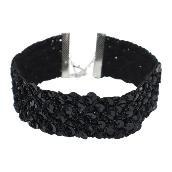 Black Onyx-Toned Velvet Choker Necklace Embellished With Sparkling Sequins For Womens Fashion Accessorizing
