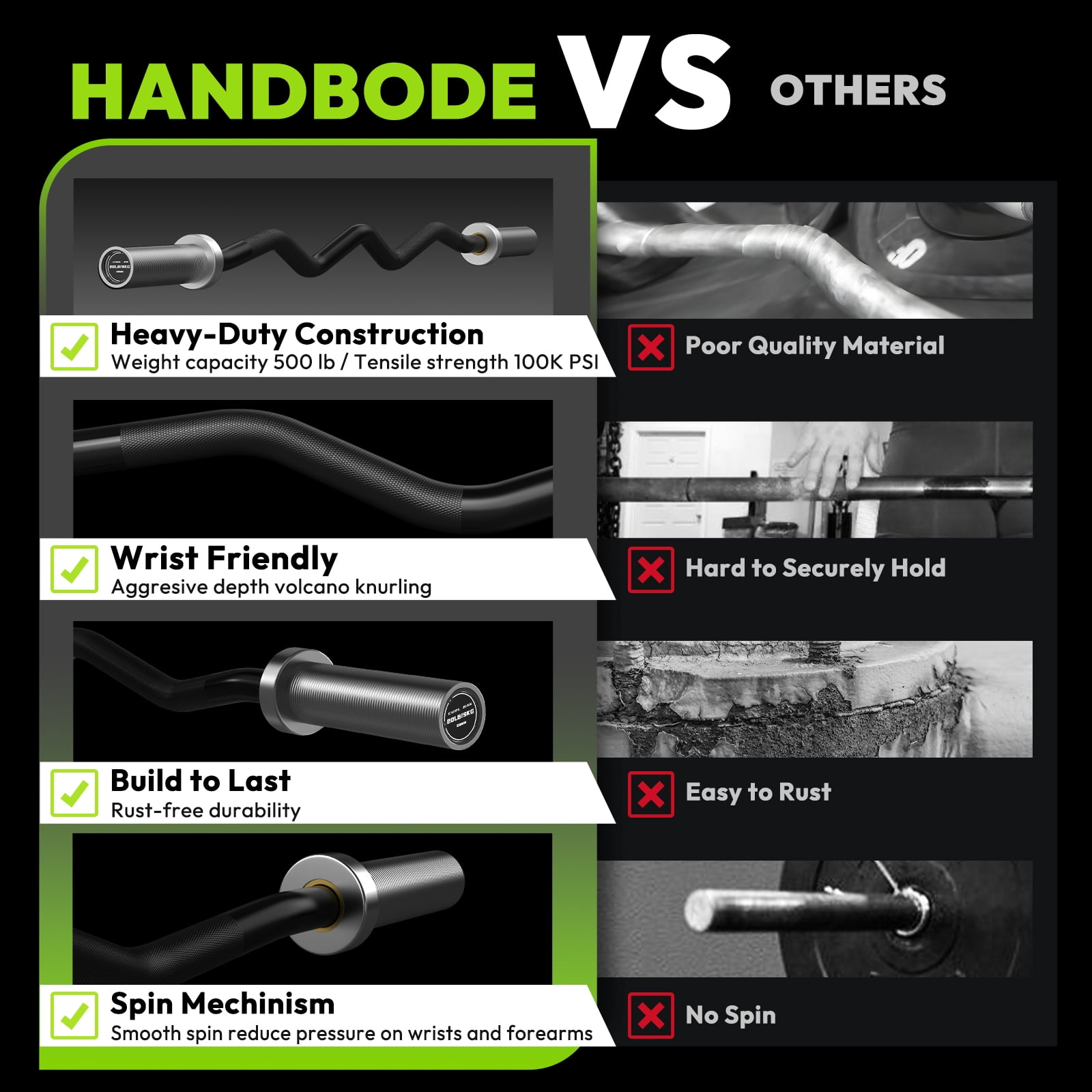 HANDBODE Olympic EZ Curl Barbell Bar, 47" Curl Bar for Weight Lifting, Squats, Hip Thrusts, Biceps, 500 lb Weight Capacity Suitable for 2 inch Weight Plates, Home Gym Weight Bar
