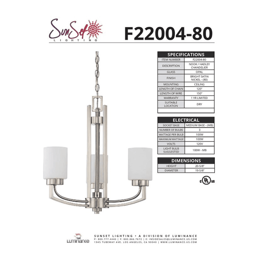 F22004-80-Sunset Lighting-Hadley - 3 Light Chandelier   Bright Satin Nickel Finish with Opal Glass