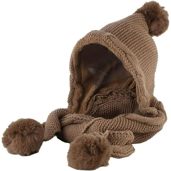 Hood Hat Scarf 2 in 1 Hooded Scarf for Women Winter Warm Beanie Hat with Faux Fur Pompom Fuzzy Knitted Hat Scarf Set