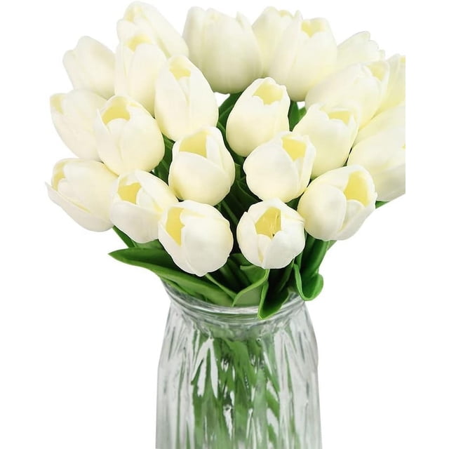 Tulipanes 24 piezas de tulipanes artificiales para decoración, color crema, tulipanes falsos, arreglos florales, decoración de tulipanes artificiales (blanco roto)