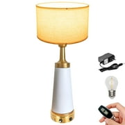 FSLiving Modern Gold-White Linen Table Lamp, Cordless Battery Operated by Remote Dimmable, Wireless Warm Light for Living Room, Console, End Table
