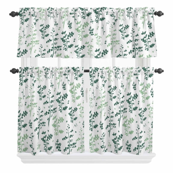 3 Piece Kitchen Curtains and Valances Set Sage Green Botanical Cafe Curtains 24 Inch Length Watercolor Spring Floral Summer Leaf Valance & Tier Curtain for Living Room Bedroom 54"x18" 27"x24"*2