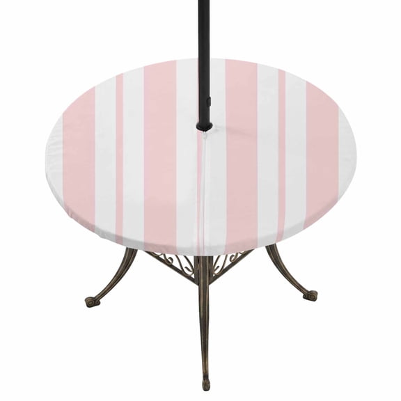 Round Outdoor Tablecloth with Umbrella Hole and Zipper, Pink Striped Tablecloth with Elastic Waterproof, Blue Geometric Line Stripes Farmhouse Patio Table Covers for 31" - 35" Picnic Pool Tables