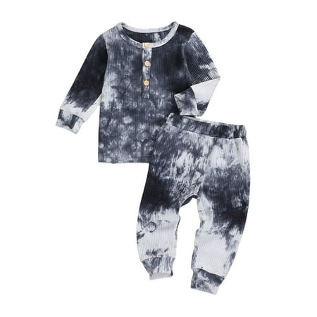 

One opening Toddler Baby Boy Girl Tie Dye Pajamas Set Long Sleeve Tee Top Pants Ribbed Sleepwear 2 Piece Outfits