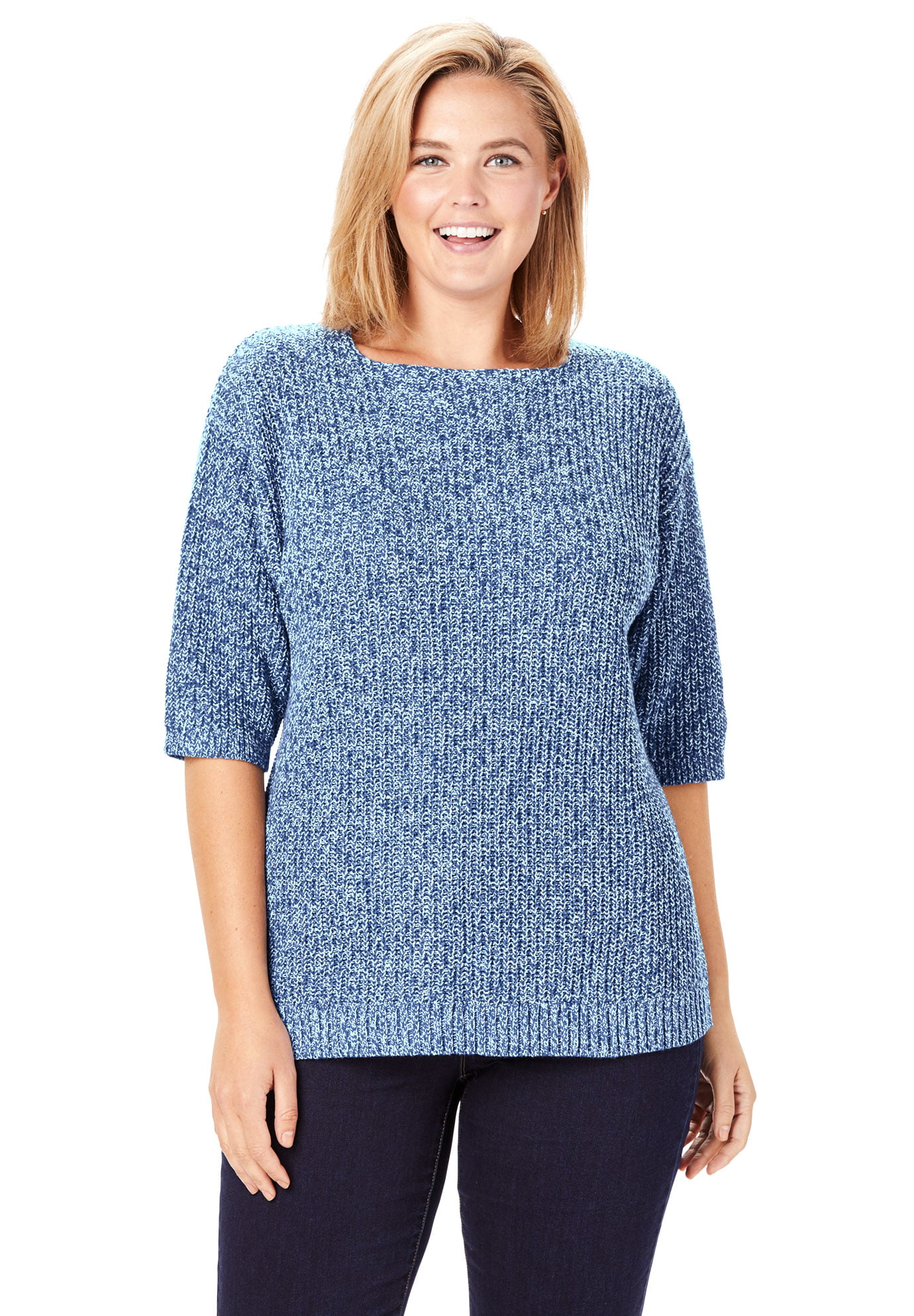 Woman Within Womens Plus Size Three-Quarter Sleeve Pullover Shaker Sweater 