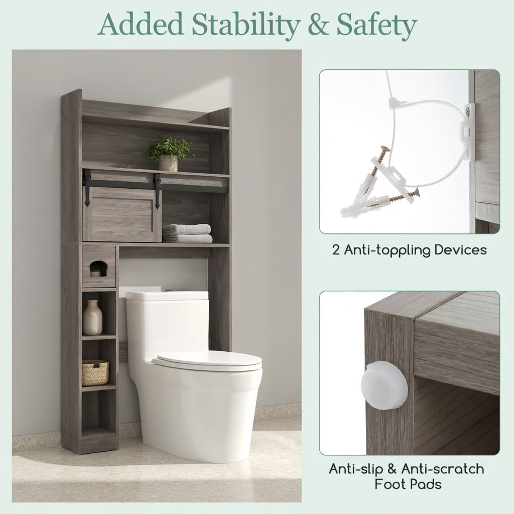 Hommoo Over-the-Toilet Storage Cabinet with Sliding Barn Door, Adjustable Shelves & Toilet Paper Holder, Gray