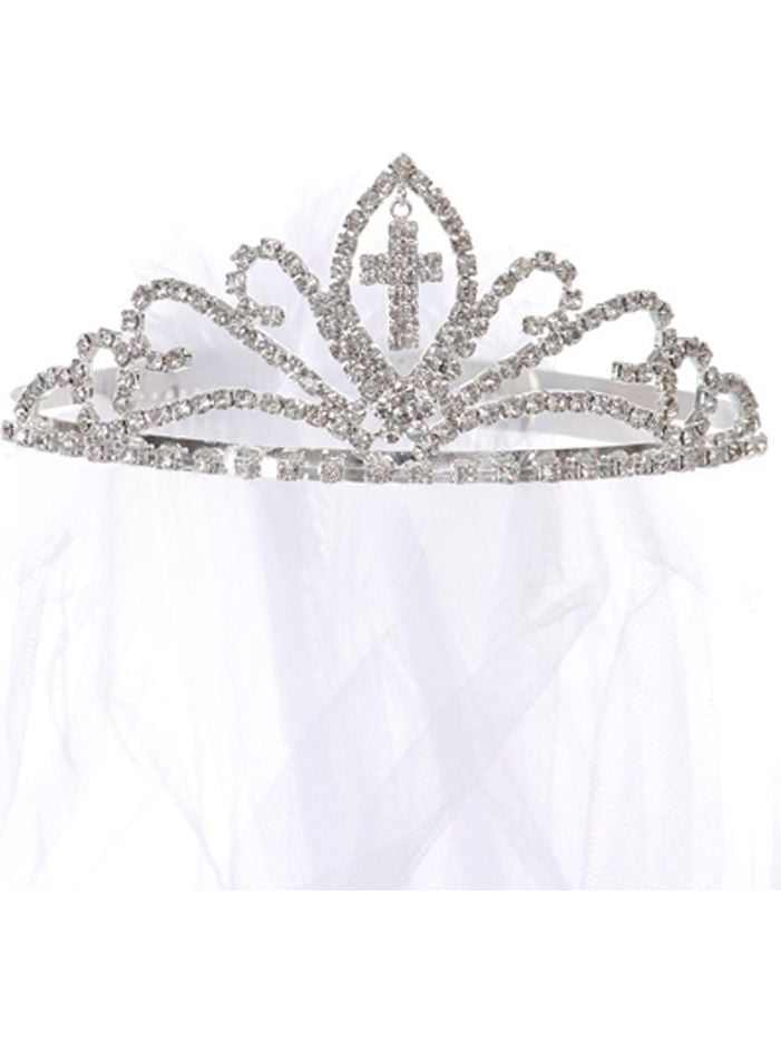 First Communion White Veil Tiara Flower Girls Princess Crown Cross 