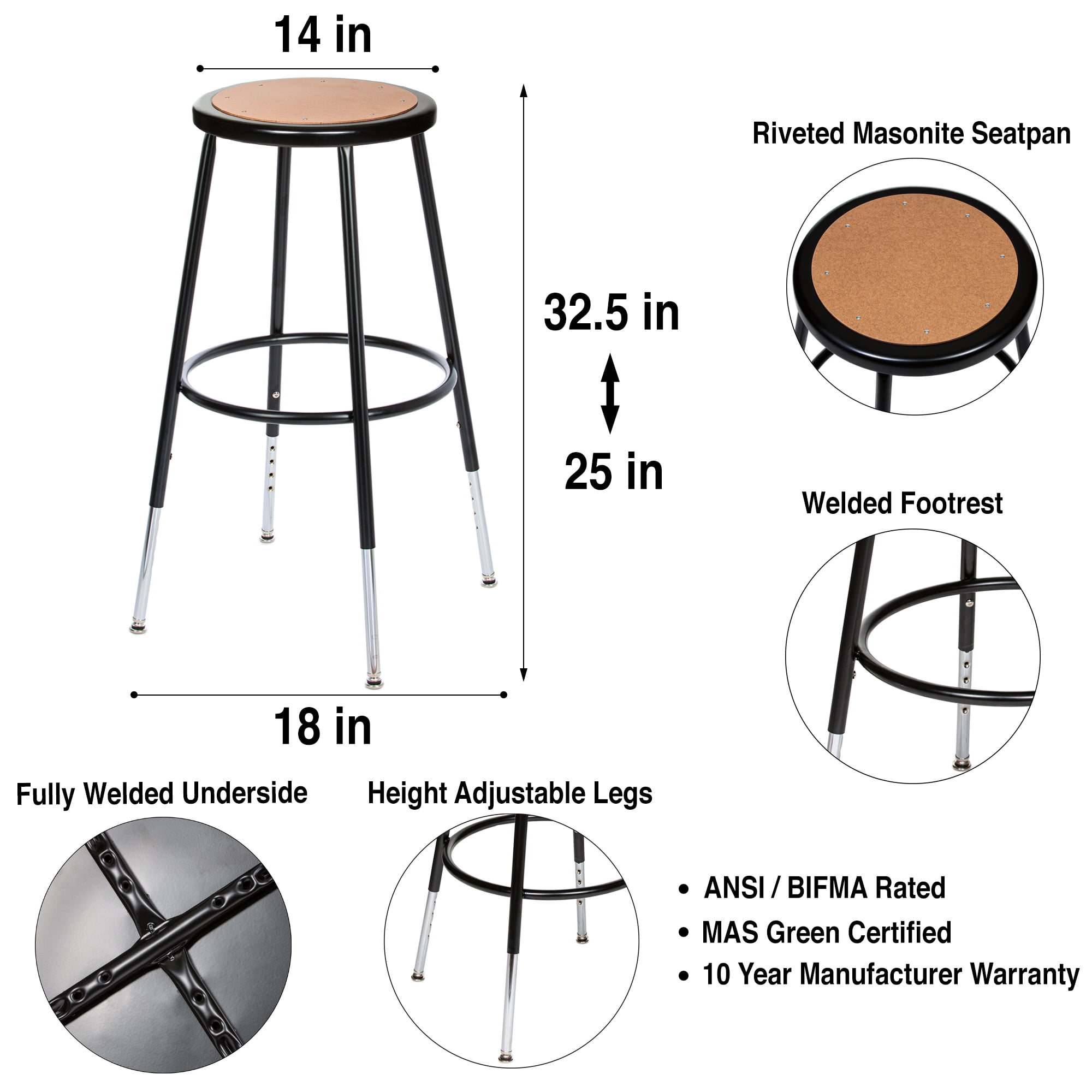 Hampden Furnishings Flynn Collection 25"-33" Adjustable, Masonite/Steel Stool, Black, 2 PK