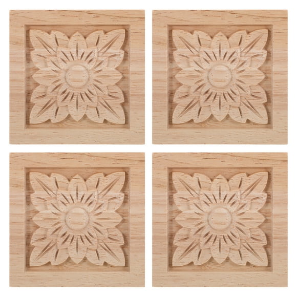 4Pcs Carving Applique Simple and Stylish Design for Bed Headboard Pine Wood 8.00X8.00X0.80Cm