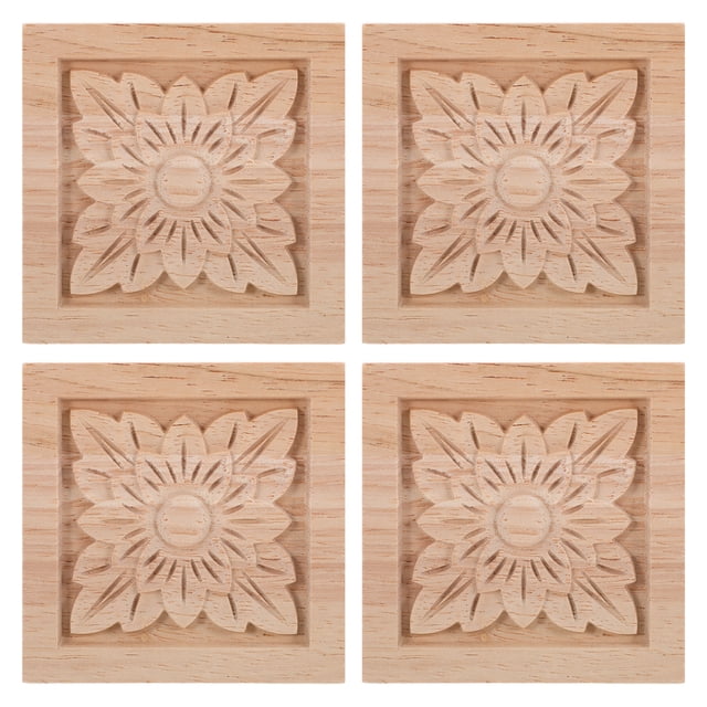 4Pcs Carving Applique Simple and Stylish Design for Bed Headboard Pine Wood 8.00X8.00X0.80Cm