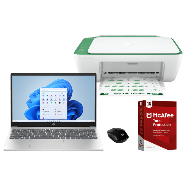 laptop hp 15-fd0017la intel core i5 8gb ram 512gb ssd + impresora multifuncional hp deskjet ink advantage 2375 + mouse hp200 + mcafee Vista frontal centrada: laptop HP 15,6" dorado cálido con pantalla encendida mostrando Windows, teclado y touchpad visibles; a la derecha impresora HP DeskJet Ink Advantage 2375 blanca con borde verde y hoja impresa saliendo; delante mouse HP200 negro y caja roja de McAfee Total Protection. La laptop está fabricada con plásticos reciclados de origen oceánico y posconsumo; adecuada para trabajo móvil y tareas de oficina en el hogar.