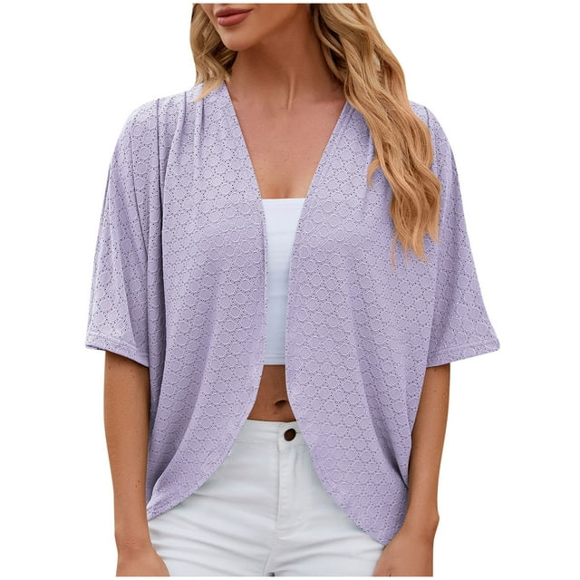 Timegard Hauts pour Femmes Manches 1/2 Oeillets à Volants Ouvert Court Plage Décontracté Cardigan Léger