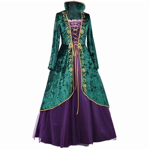 Women's Green Velvet Witch Dress Medieval Gothic Bell Sleeve Gown Dark Fantasy Fashion Outfit