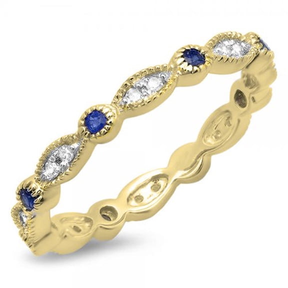 Dazzlingrock Collection 10K Round Blue Sapphire and White Diamond Anniversary Wedding Band Stackable Ring, Yellow Gold, Size 5