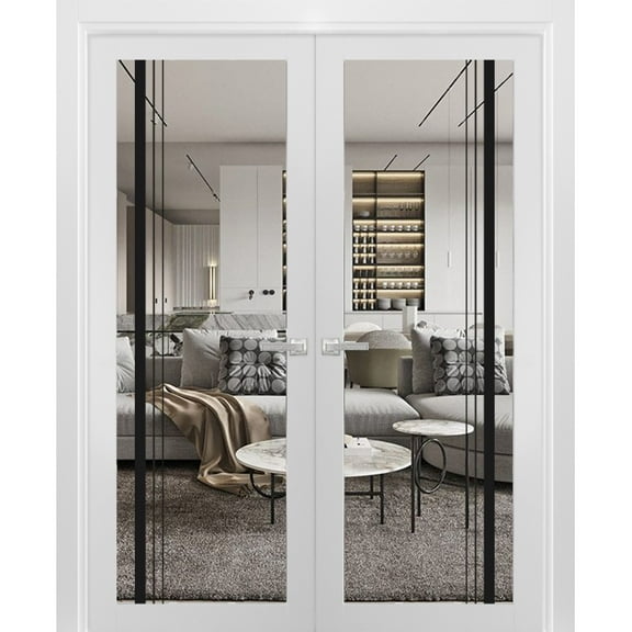 Solid French Double Doors 36 x 80 inches | Lucia 2566 White Silk Clear Glass | Wood Solid Panel Frame Trims | Closet Bedroom Sturdy Doors