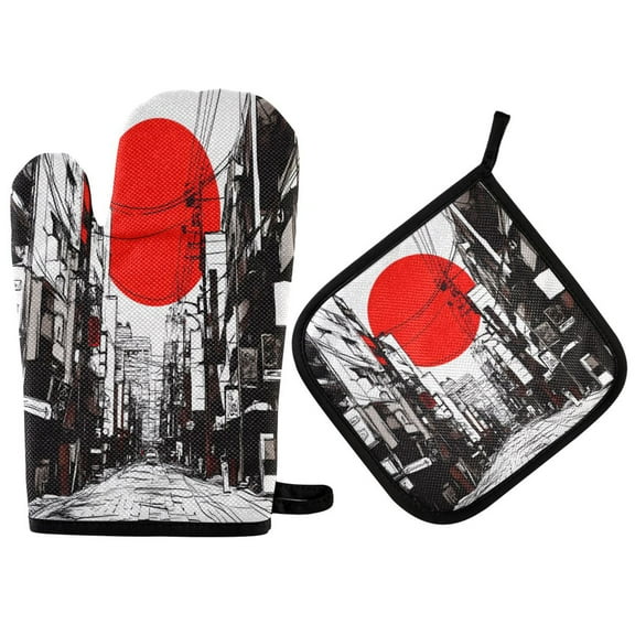 Yayeee Oven Mitts and Pot Holder Set of 2 Heat Resistant Kitchen Gloves Baking Hot Pad, Black Streets