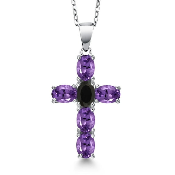 Gem Stone King 925 Sterling Silver Purple Amethyst and Black Onyx Cross Pendant Necklace for Women | 2.65 Cttw | Gemstone February Birthstone | Oval 6X4MM | With 18 inch Chain