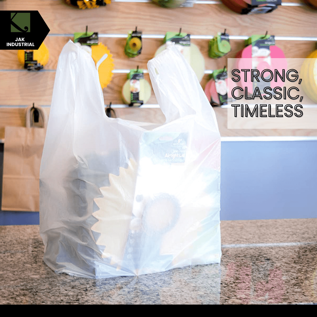 100 Count Large Plastic Grocery T-Shirt Bags with Handles - Plain White 12" x 6" x 21"