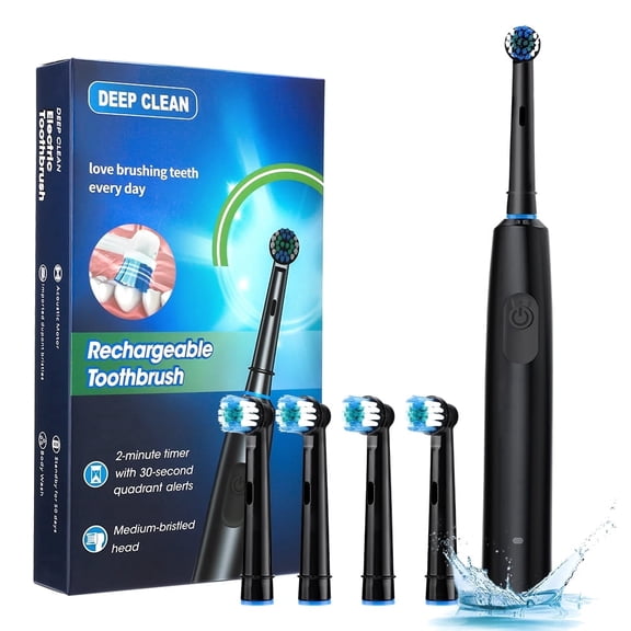 Rotary Electric Toothbrush for Adults with 4 Replacement Soft Brush Heads, 5 Modes Deep Clean, 7500 RPM, Rechargeable Toothbrush with 2 Min Timer(Black)