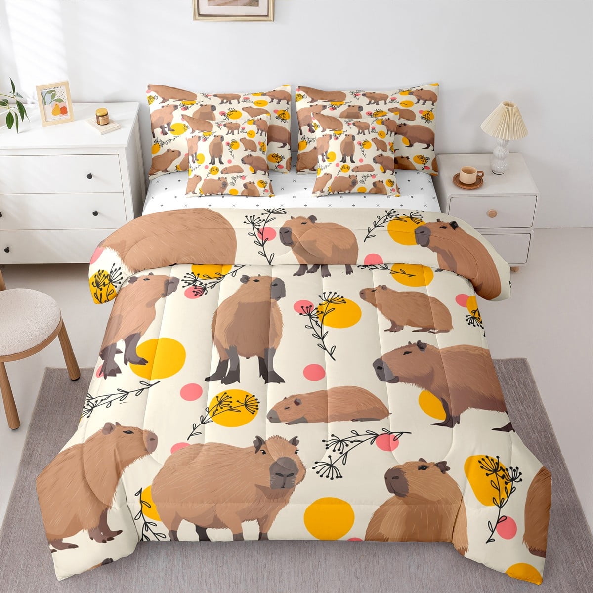 Castle Fairy Kids Children Cartoon Capybara Bedding Comforter Set 7pcs Polka Dots Queen Bedding Sets Super Cozy Kawaii Animal Queen Sheet Sets Luxury Bedroom Decor Reversible
