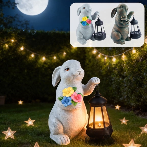 AZXY 8.07" Solar Easter Bunny Statue, Gray Resin Rabbit Figurine with Flowers Lantern Lights Waterproof Garden Decor for Outdoor Patio Yard