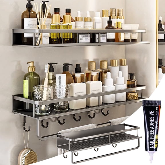 Bathroom Storage Rack, Wall-mounted Shelf, No-Punch Design, Aluminium Alloy, Multifunctional Organizer for Home and Gym