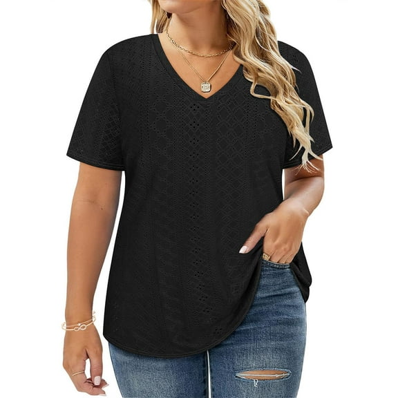 TIYOMI Ladies Plus Size Black Tops Eyelet Ebroidery Blouses Summer Short Sleeve 4X V Neck T-shirts Casual Basic Solid Tee Spring Tunics 4XL 24W 26W