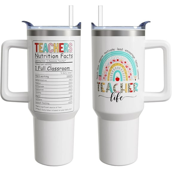 Teacher Appreciation Gifts for Women Men, 40 Oz Tumbler with Handle and Straw, Thank You Teacher Gifts Insulated Stainless Steel Cup Water Bottle 1PC
