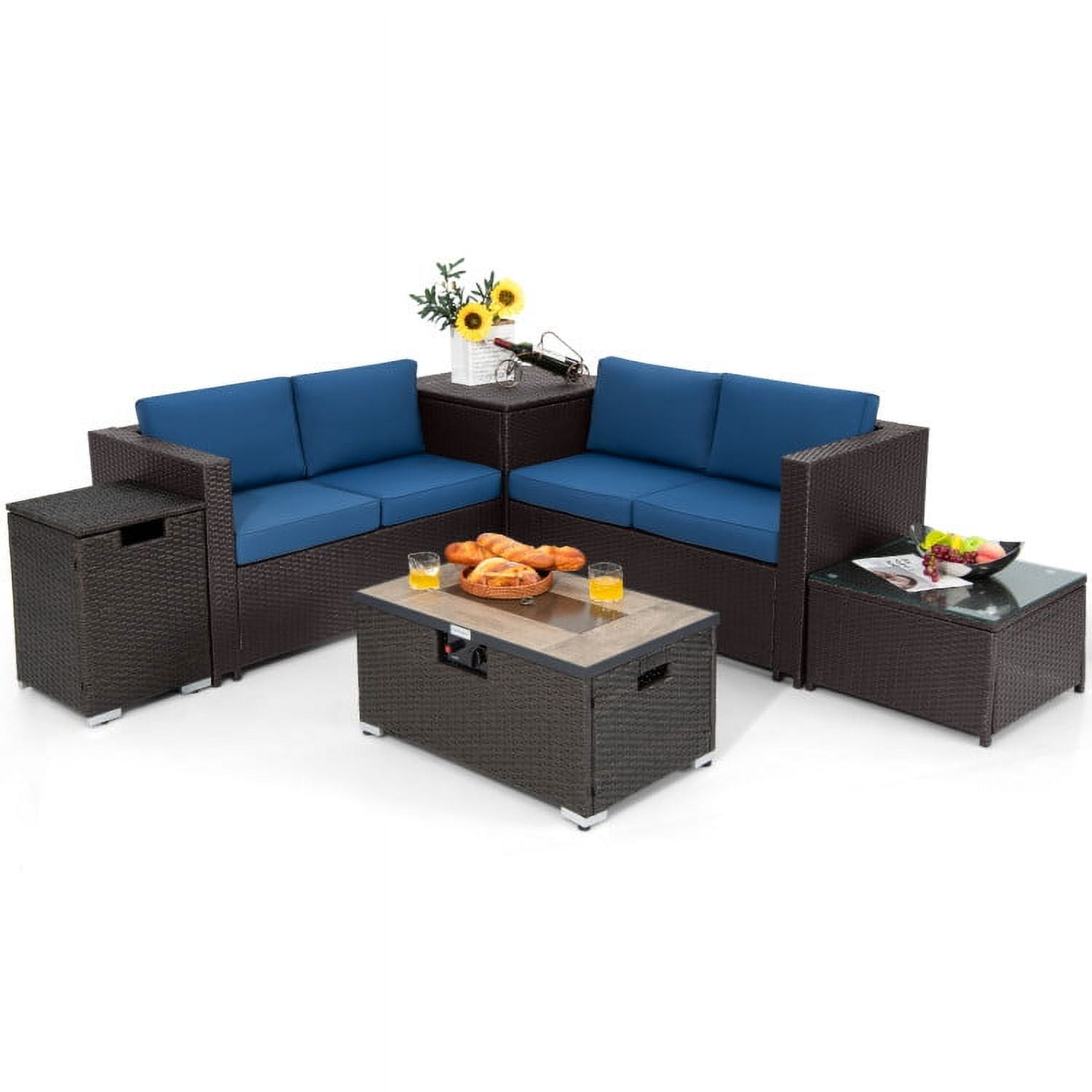 Aimee Lii 6 Pieces Outdoor Wicker Furniture Set with 32" Propane Fire Pit Table, Patio Conversation Sets, Navy Aimee Lii 6 Pieces Outdoor Wicker Furniture Set with 32" Propane Fire Pit Table, Patio Conversation Sets, Navy