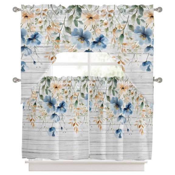 3 Pieces Swag Kitchen Curtains Set, Spring Floral Valance Swag & Small Window Tier Curtain 24 Inches Long, Weeping Blue Botanical Summer Vintage 56" x 36" Valance Topper Drapes for Cafe/Bedroom