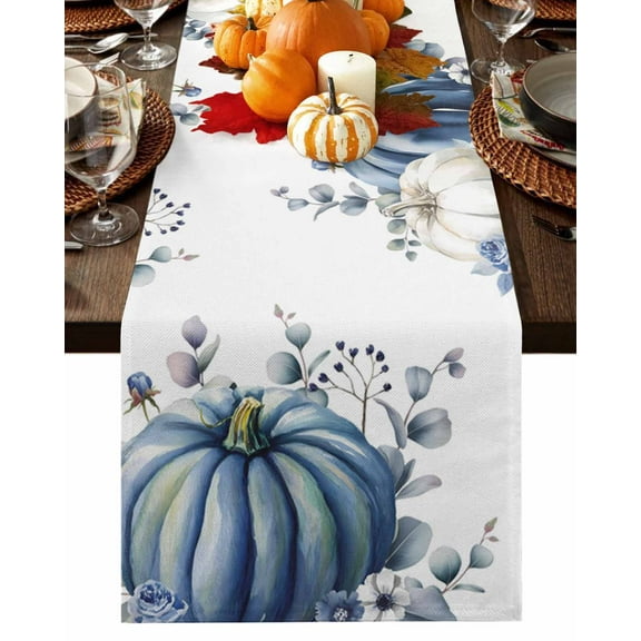 Fall Table Runner Thanksgiving Blue White Pumpkins Table Runners Autumn Eucalyptus Leaves Cotton Linen Dresser Scarf Kitchen Dining Table Decor for Fall Holiday Party Decor 13x36 Inch