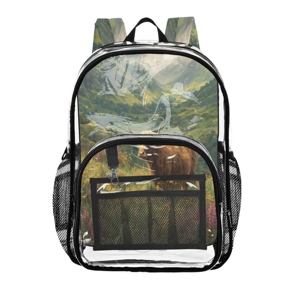 PVC Transparent Backpack Stylish & Durable Clear Backpack Perfect for School, Travel and Outings Cow in Green Rolling Hills