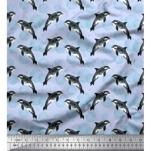 Soimoi Blue Poly Georgette Fabric Dolphin & Bubbles Ocean Print Fabric by Yard 42 Inch Wide