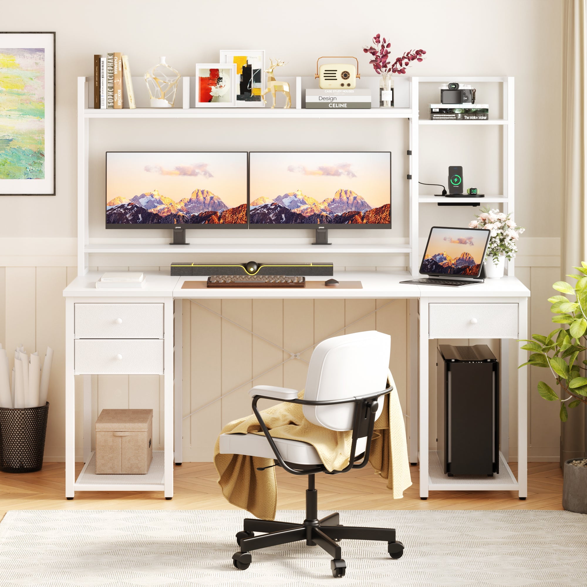 Homieasy Desk with Hutch & Power Outlets, 55.2'' Computer Gaming Desk with LED Lights and Drawers, Reversible Office Desk with Storage Shelves, Workstation Desk for Home & Office, White