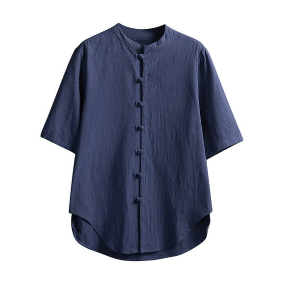 Men Shirts Retro Short Sleeved T Shirt for Men with Tang Clothing Plate Buckle Casual Breathable Style Shirt