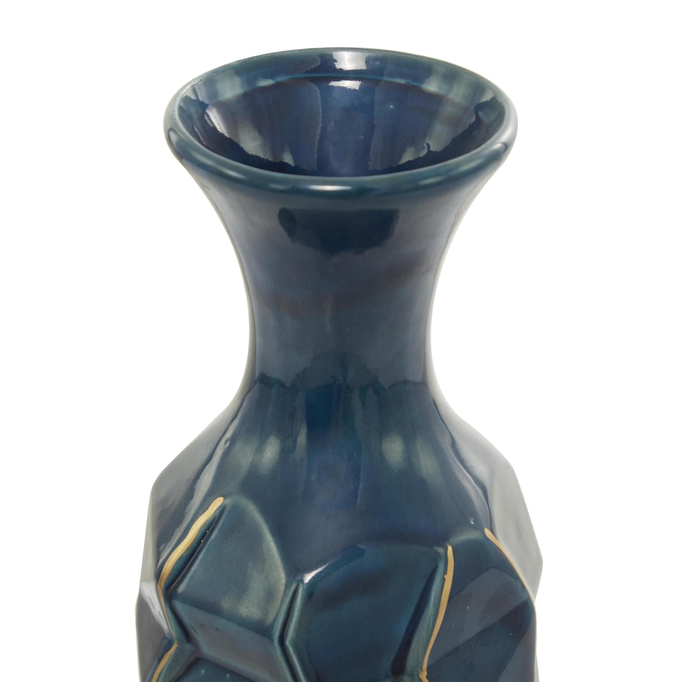 DecMode 21" Geometric Floor Teal Ceramic Vase with Gold Accents