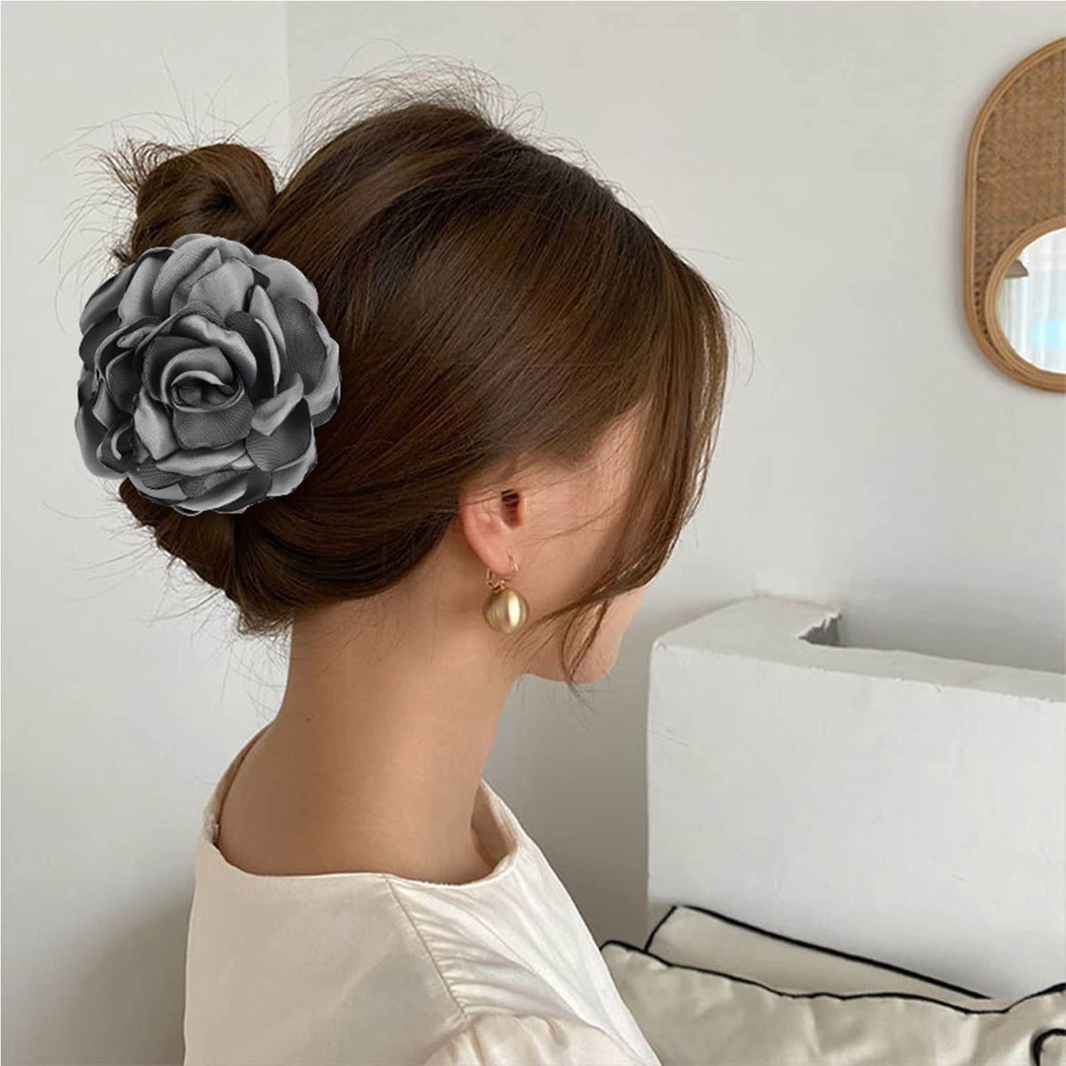 4 Pack Big Large Satin Rose Floral Flower Plastic Hair Claws Clips Bow Barrettes Clamps Bun Chignon Updo Holders Hair Accessories for Women Girls