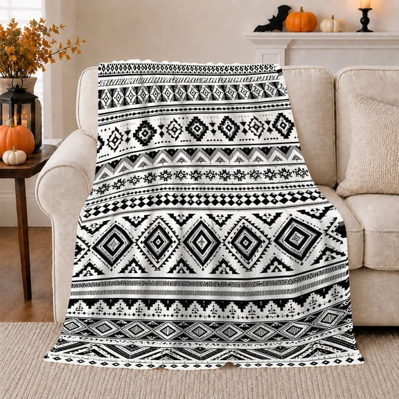Southwestern Autumn Halloween Geometric Print, Festive Halloween Scene, Warm Flannel Blanket for Living Room and Reading Nook, Art Lovers Halloween Gift, Festive Home Decor