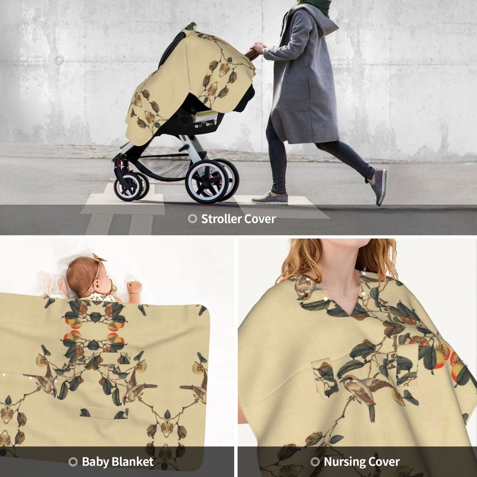 Car Seat Cover Baby - Vintage Bird Breathable Infant Car Seat Cover for Baby Carseat, Lightweight Comfort Baby Essentials Must Haves Newborn Stuff for Girl Boy