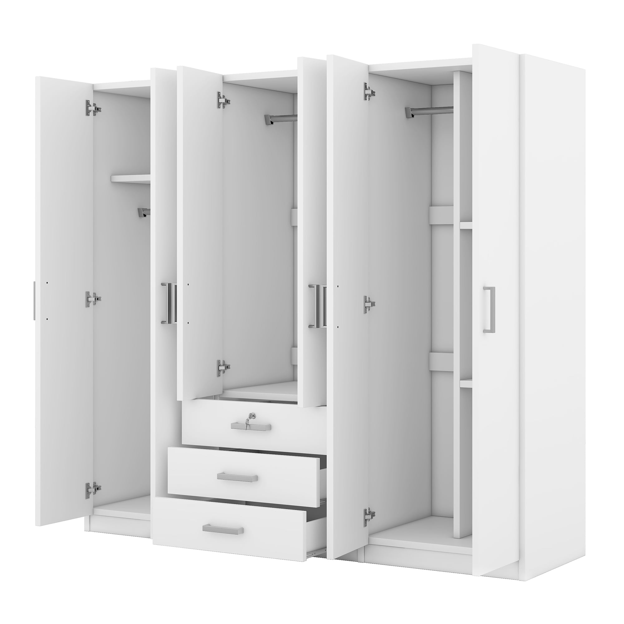 Modern Wardrobe Closet,Wooden Wardrobe Storage with 6-Doors & 2 Drawers for Bedroom,White