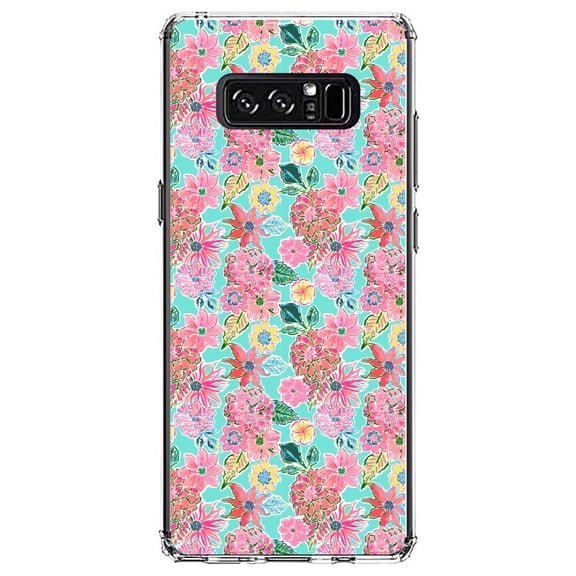 DistinctInk Clear Shockproof Hybrid Case for Samsung Galaxy Note 8 - TPU Bumper, Acrylic Back, Tempered Glass Screen Protector - Preppy Pattern - Pink Flowers on Teal Background