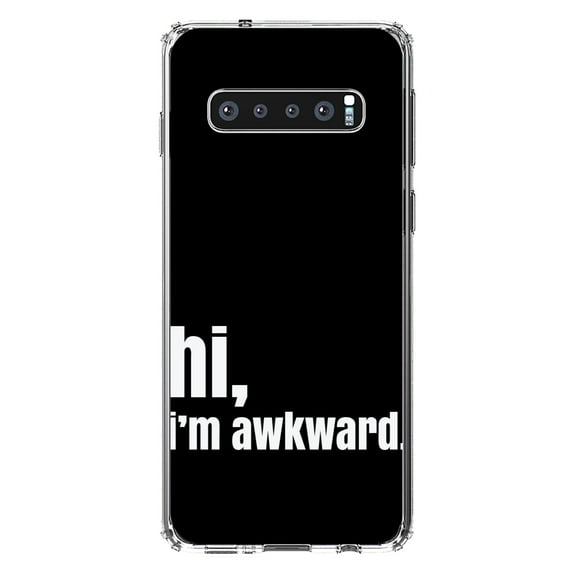 DistinctInk Clear Shockproof Hybrid Case for Samsung Galaxy S10 (6.1" Screen) - TPU Bumper, Acrylic Back, Tempered Glass Screen Protector - Black White "hi, I'm awkward."