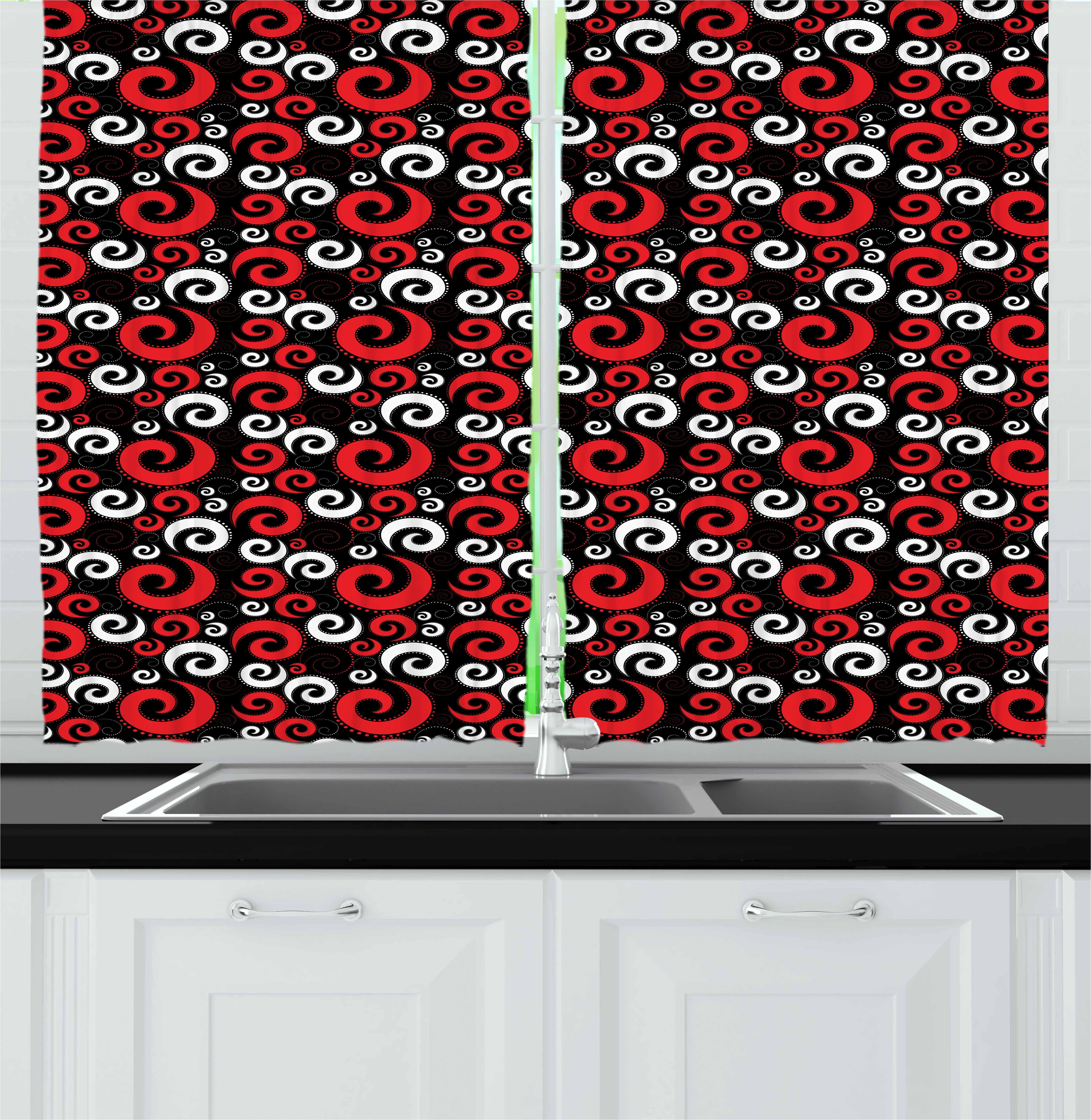 Red and Black Curtains 2 Panels Set, Modern Pattern with Swirl Shapes