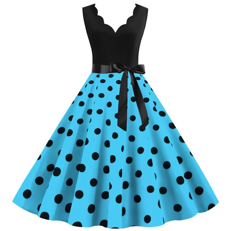 Easter Dresses for Women Polka Dot Dress Ruffle V Neck Sleeveless Retro A Line Birthday Party Prom Dress Casual Cute Summer Clothes with Belt