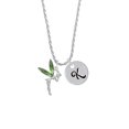 thumbnail image 2 of Delight Jewelry Silvertone Large Fairy with Lime Green Wings Silvertone Script Initial Disc - K - Charm Necklace, 20"+3", 2 of 4